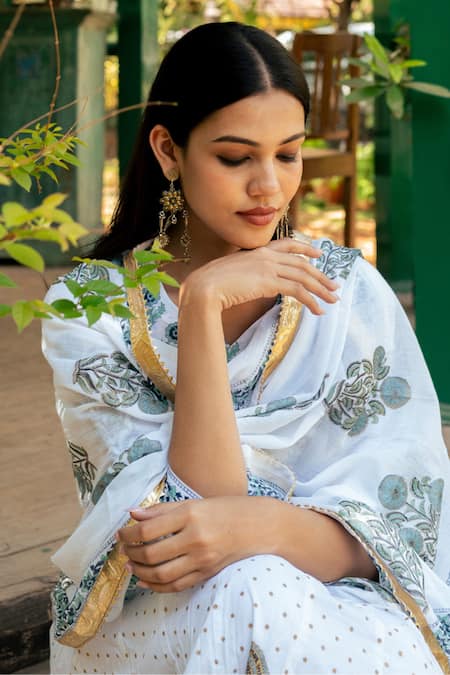 Buy Maison Shefali Blue Cotton, Muslin Gota Patti, Lace, Mughal Damask Bloom Print Anarkali Set Online at Aza Fashions Buy_Maison Shefali_Blue Cotton, Muslin Gota Patti, Lace, Mughal Damask Bloom Print Anarkali Set_Online_at_Aza_Fashions