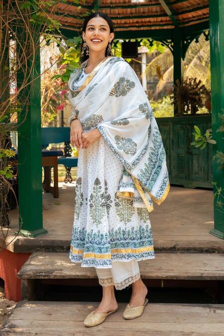 Shop Maison Shefali Blue Cotton, Muslin Gota Patti, Lace, Mughal Damask Bloom Print Anarkali Set Online at Aza Fashions Shop_Maison Shefali_Blue Cotton, Muslin Gota Patti, Lace, Mughal Damask Bloom Print Anarkali Set_Online_at_Aza_Fashions