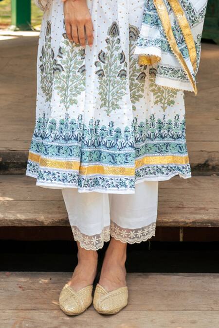 Maison Shefali Blue Cotton, Muslin Gota Patti, Lace, Mughal Damask Bloom Print Anarkali Set at Aza Fashions Maison Shefali_Blue Cotton, Muslin Gota Patti, Lace, Mughal Damask Bloom Print Anarkali Set_at_Aza_Fashions