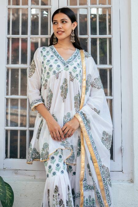 Buy Maison Shefali Blue Cotton, Muslin, Crepe Embroidery, Iris Bloom Print Short Kurta Sharara Set Online at Aza Fashions Buy_Maison Shefali_Blue Cotton, Muslin, Crepe Embroidery, Iris Bloom Print Short Kurta Sharara Set_Online_at_Aza_Fashions