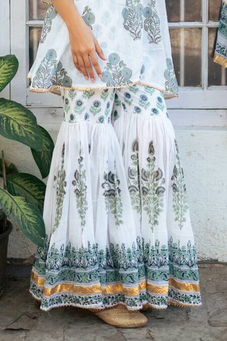 Maison Shefali Blue Cotton, Muslin, Crepe Embroidery, Iris Bloom Print Short Kurta Sharara Set at Aza Fashions Maison Shefali_Blue Cotton, Muslin, Crepe Embroidery, Iris Bloom Print Short Kurta Sharara Set_at_Aza_Fashions