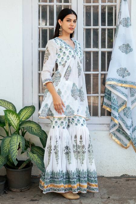 Buy Maison Shefali Blue Cotton, Muslin, Crepe Embroidery, Iris Bloom Print Short Kurta Sharara Set Buy_Maison Shefali_Blue Cotton, Muslin, Crepe Embroidery, Iris Bloom Print Short Kurta Sharara Set