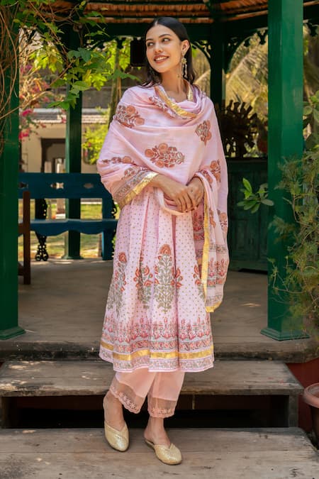 Maison Shefali Pink Cotton Print Gul Leaf Neck Mughal Anarkali Set 