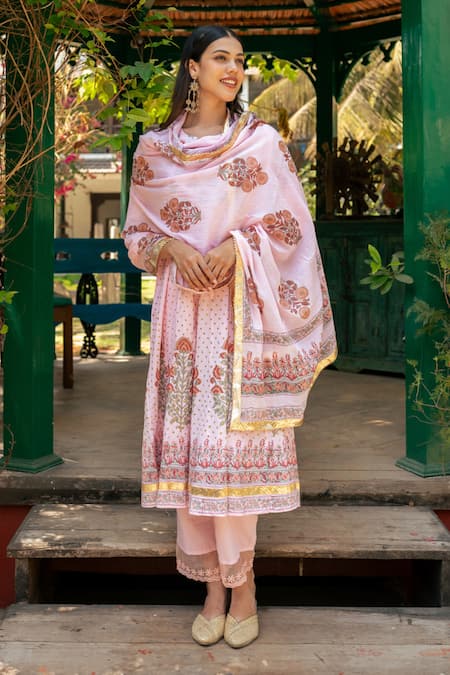 Maison Shefali_Pink Cotton, Muslin, Chiffon Gota Patti, Lace Mughal Gul Print Anarkali Set_Online_at_Aza_Fashions