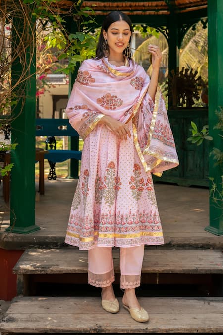 Buy_Maison Shefali_Pink Cotton, Muslin, Chiffon Gota Patti, Lace Mughal Gul Print Anarkali Set_Online_at_Aza_Fashions