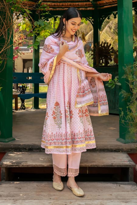 Shop_Maison Shefali_Pink Cotton, Muslin, Chiffon Gota Patti, Lace Mughal Gul Print Anarkali Set_Online_at_Aza_Fashions