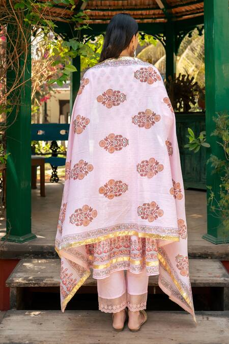 Maison Shefali_Pink Cotton, Muslin, Chiffon Gota Patti, Lace Mughal Gul Print Anarkali Set_at_Aza_Fashions