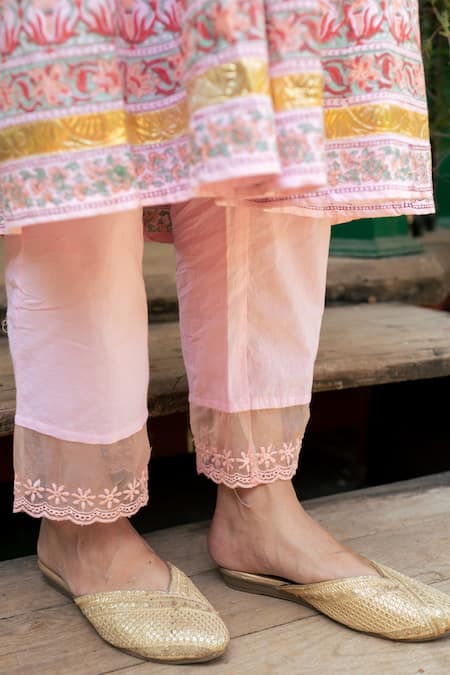 Buy_Maison Shefali_Pink Cotton, Muslin, Chiffon Gota Patti, Lace Mughal Gul Print Anarkali Set