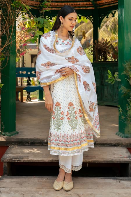 Maison Shefali_White Cotton, Muslin, Lace Gota Patti, Mughal Bahar Print Anarkali Set_Online_at_Aza_Fashions
