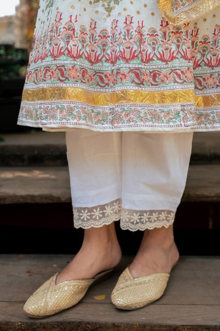 Shop_Maison Shefali_White Cotton, Muslin, Lace Gota Patti, Mughal Bahar Print Anarkali Set_Online_at_Aza_Fashions