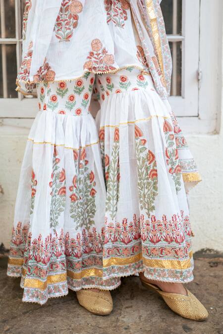 Maison Shefali White Cotton, Crepe Gota Patti V-neck Bahar Print Short Kurta Sharara Set Online at Aza Fashions Maison Shefali_White Cotton, Crepe Gota Patti V-neck Bahar Print Short Kurta Sharara Set_Online_at_Aza_Fashions