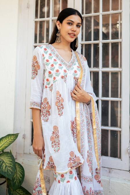 Buy Maison Shefali White Cotton, Crepe Gota Patti V-neck Bahar Print Short Kurta Sharara Set Online at Aza Fashions Buy_Maison Shefali_White Cotton, Crepe Gota Patti V-neck Bahar Print Short Kurta Sharara Set_Online_at_Aza_Fashions