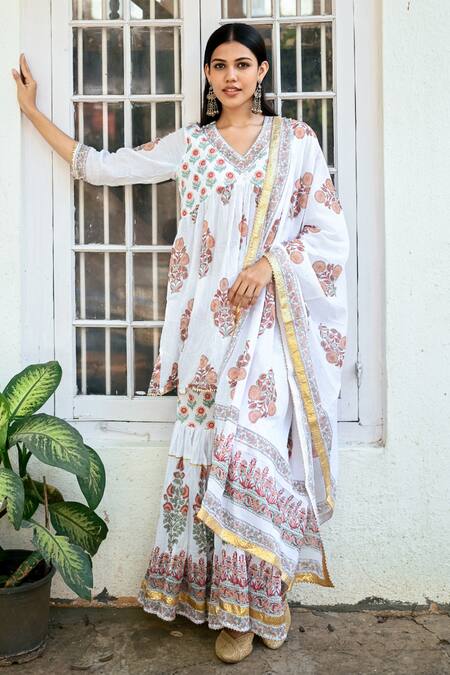Shop Maison Shefali White Cotton, Crepe Gota Patti V-neck Bahar Print Short Kurta Sharara Set Online at Aza Fashions Shop_Maison Shefali_White Cotton, Crepe Gota Patti V-neck Bahar Print Short Kurta Sharara Set_Online_at_Aza_Fashions