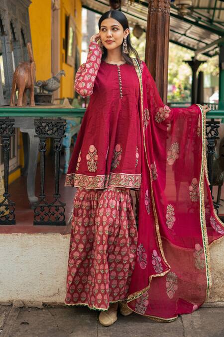 Maison Shefali_Red Cotton, Chiffon Gota Patti Carnation Bloom Print Short Kurta Sharara Set_Online_at_Aza_Fashions