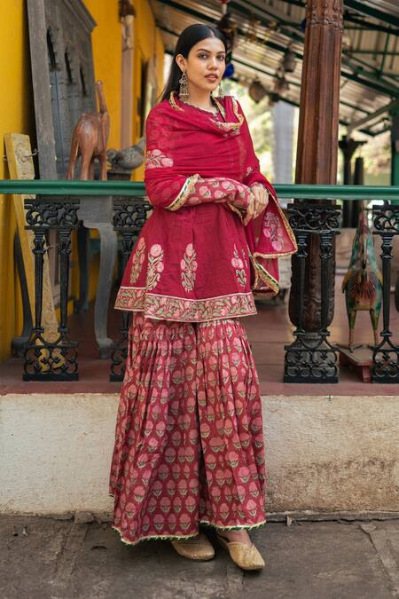 Buy_Maison Shefali_Red Cotton, Chiffon Gota Patti Carnation Bloom Print Short Kurta Sharara Set_Online_at_Aza_Fashions