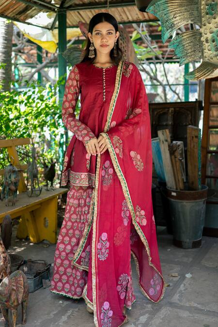 Shop_Maison Shefali_Red Cotton, Chiffon Gota Patti Carnation Bloom Print Short Kurta Sharara Set_Online_at_Aza_Fashions