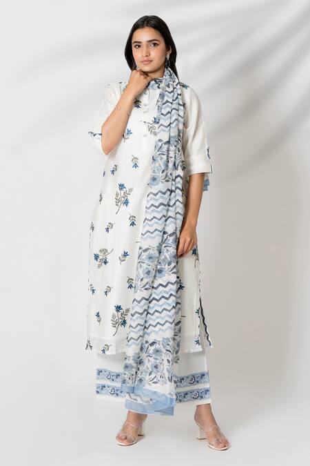 Kameez_White Chanderi, Cotton Embroidery Round Neck Flower Vine Kurta Pant Set _Online_at_Aza_Fashions
