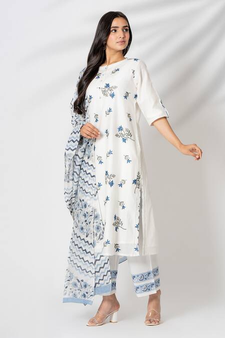 Buy_Kameez_White Chanderi, Cotton Embroidery Round Neck Flower Vine Kurta Pant Set _Online_at_Aza_Fashions