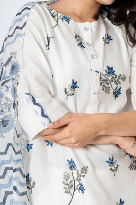 Kameez_White Chanderi, Cotton Embroidery Round Neck Flower Vine Kurta Pant Set _at_Aza_Fashions