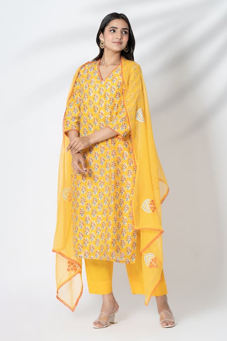 Kameez Chanderi Floral Hand Block Print Kurta Pant Set 