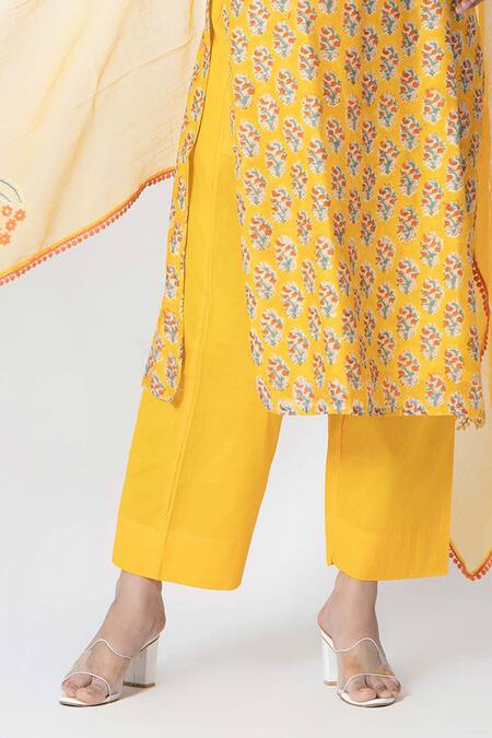 Buy_Kameez_Yellow Chanderi, Cotton, Kota Doria Floral Hand Block Print Kurta Pant Set _Online_at_Aza_Fashions