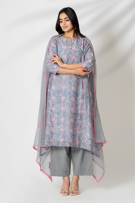 Kameez Chanderi Floral Bloom Print Kurta Pant Set 