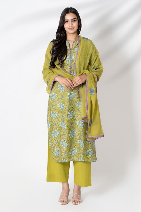 Kameez Chanderi Flower Print Kurta Pant Set 