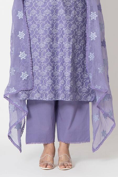 Buy_Kameez_Purple Chanderi, Kota Doria, Cotton Hand Block Floral Print Kurta Pant Set _Online_at_Aza_Fashions