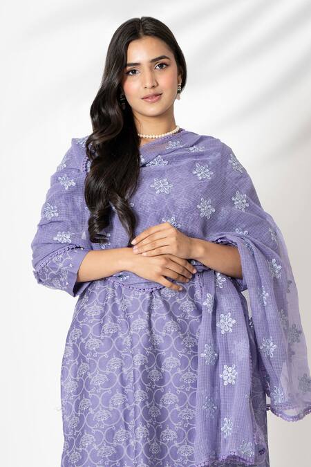 Shop_Kameez_Purple Chanderi, Kota Doria, Cotton Hand Block Floral Print Kurta Pant Set _Online_at_Aza_Fashions