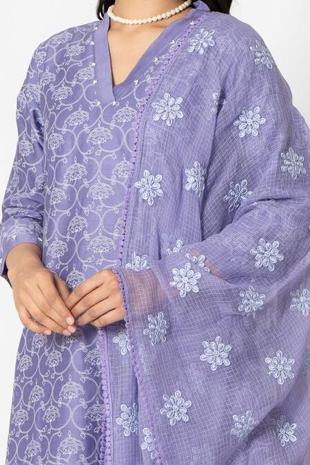 Buy_Kameez_Purple Chanderi, Kota Doria, Cotton Hand Block Floral Print Kurta Pant Set 