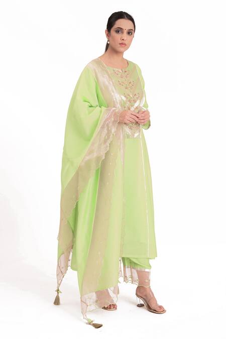 Bhavik Shah_Green Chanderi Silk, Handloom Cotton, Chanderi, Floral Placement Kurta Pant Set _Online_at_Aza_Fashions