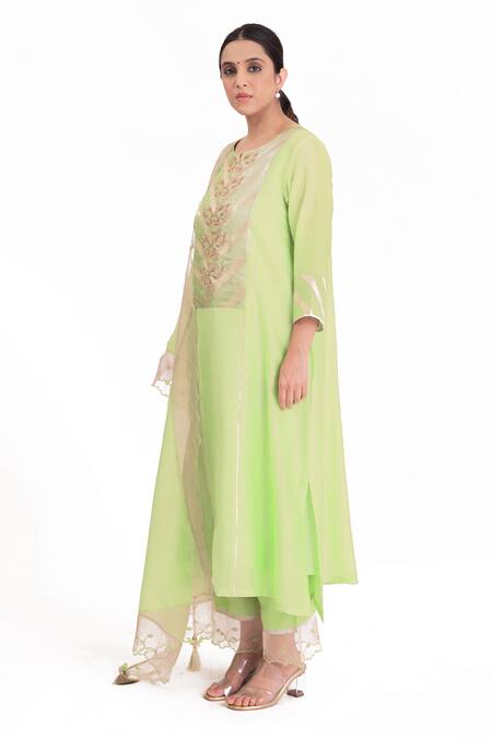 Buy_Bhavik Shah_Green Chanderi Silk, Handloom Cotton, Chanderi, Floral Placement Kurta Pant Set _Online_at_Aza_Fashions