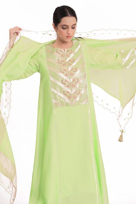 Shop_Bhavik Shah_Green Chanderi Silk, Handloom Cotton, Chanderi, Floral Placement Kurta Pant Set _Online_at_Aza_Fashions