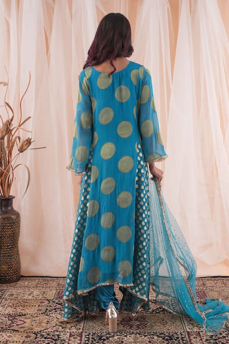 Shop_Farha Syed_Blue Georgette, Modal, Satin, Net Mirrors, Cut Work, Anarkali Dhoti Pant Set _at_Aza_Fashions