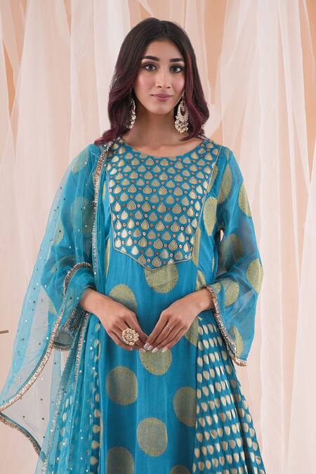 Farha Syed_Blue Georgette, Modal, Satin, Net Mirrors, Cut Work, Anarkali Dhoti Pant Set _Online_at_Aza_Fashions