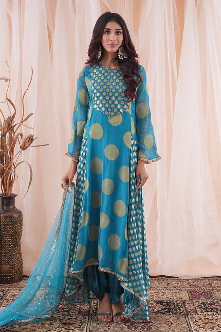 Buy_Farha Syed_Blue Georgette, Modal, Satin, Net Mirrors, Cut Work, Anarkali Dhoti Pant Set _Online_at_Aza_Fashions