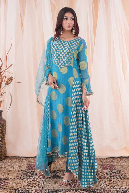 Shop_Farha Syed_Blue Georgette, Modal, Satin, Net Mirrors, Cut Work, Anarkali Dhoti Pant Set _Online_at_Aza_Fashions