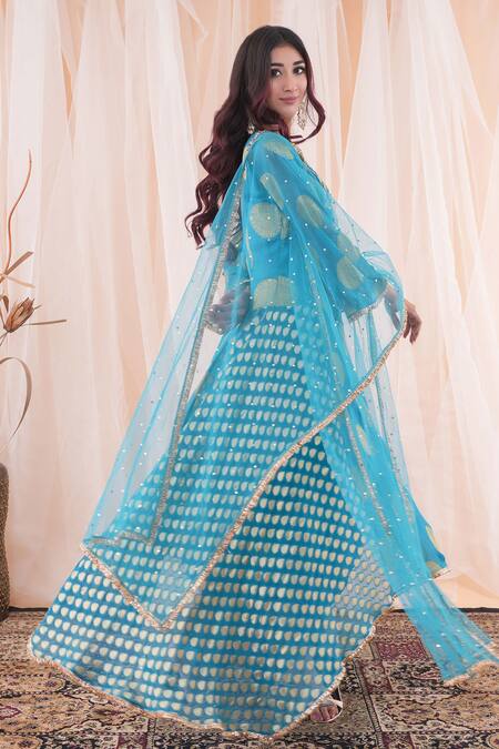 Farha Syed_Blue Georgette, Modal, Satin, Net Mirrors, Cut Work, Anarkali Dhoti Pant Set _at_Aza_Fashions