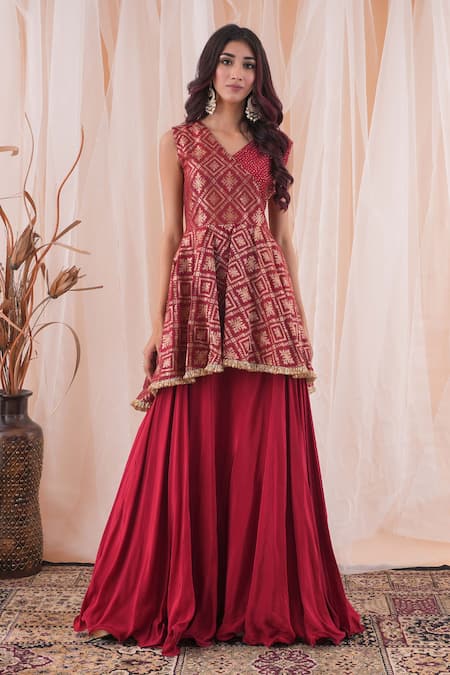 Farha Syed_Maroon Brocade, Crepe, Taffeta Cut Hand Embroidered Peplum Top And Lehenga Set _Online_at_Aza_Fashions