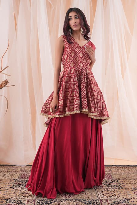 Shop_Farha Syed_Maroon Brocade, Crepe, Taffeta Cut Hand Embroidered Peplum Top And Lehenga Set _Online_at_Aza_Fashions