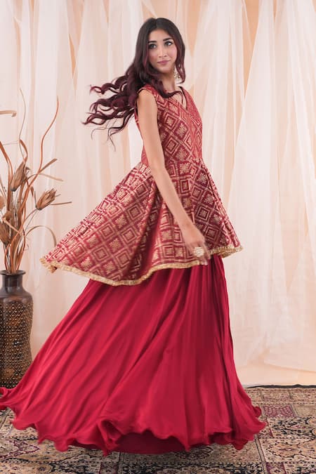 Farha Syed_Maroon Brocade, Crepe, Taffeta Cut Hand Embroidered Peplum Top And Lehenga Set _at_Aza_Fashions