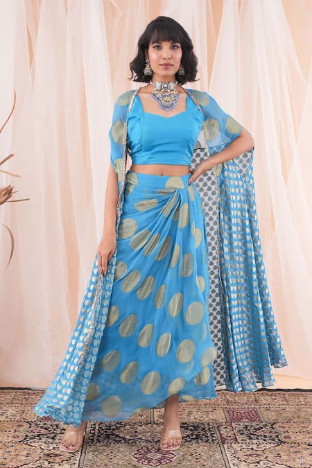 Farha Syed Blue Cape And Skirt Banarasi Georgette Embroidered Circular Motifs Sweetheart Set 