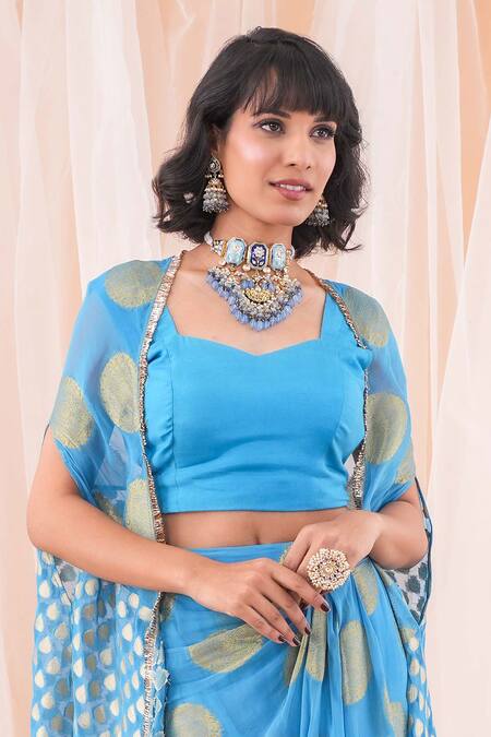 Farha Syed Blue Modal, Georgette, Taffeta Embroidery Sweetheart Neck Cape Skirt Set Online at Aza Fashions Farha Syed_Blue Modal, Georgette, Taffeta Embroidery Sweetheart Neck Cape Skirt Set _Online_at_Aza_Fashions