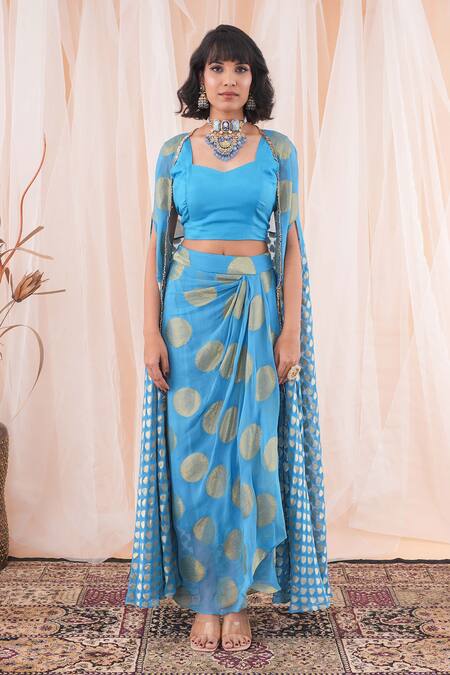 Buy Farha Syed Blue Modal, Georgette, Taffeta Embroidery Sweetheart Neck Cape Skirt Set Online at Aza Fashions Buy_Farha Syed_Blue Modal, Georgette, Taffeta Embroidery Sweetheart Neck Cape Skirt Set _Online_at_Aza_Fashions