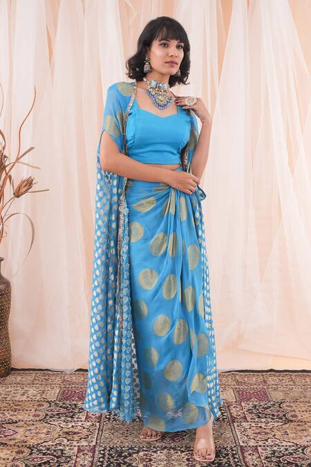 Farha Syed Blue Modal, Georgette, Taffeta Embroidery Sweetheart Neck Cape Skirt Set at Aza Fashions Farha Syed_Blue Modal, Georgette, Taffeta Embroidery Sweetheart Neck Cape Skirt Set _at_Aza_Fashions