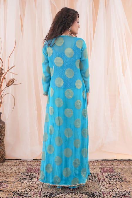 Shop_Farha Syed_Blue Brocade, Georgette Embroidery, Cut Work Round Neck Long Shrug Sharara Set _at_Aza_Fashions