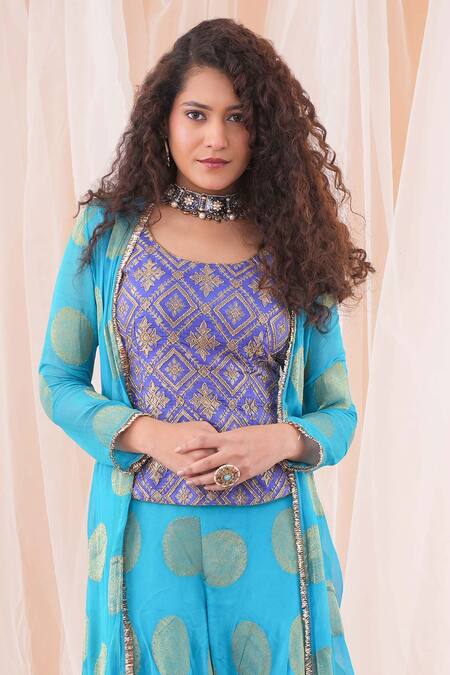 Farha Syed_Blue Brocade, Georgette Embroidery, Cut Work Round Neck Long Shrug Sharara Set _Online_at_Aza_Fashions
