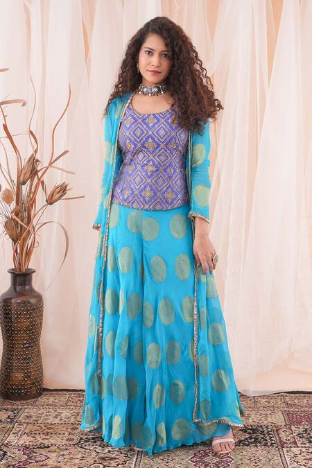 Buy_Farha Syed_Blue Brocade, Georgette Embroidery, Cut Work Round Neck Long Shrug Sharara Set _Online_at_Aza_Fashions