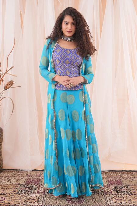 Shop_Farha Syed_Blue Brocade, Georgette Embroidery, Cut Work Round Neck Long Shrug Sharara Set _Online_at_Aza_Fashions