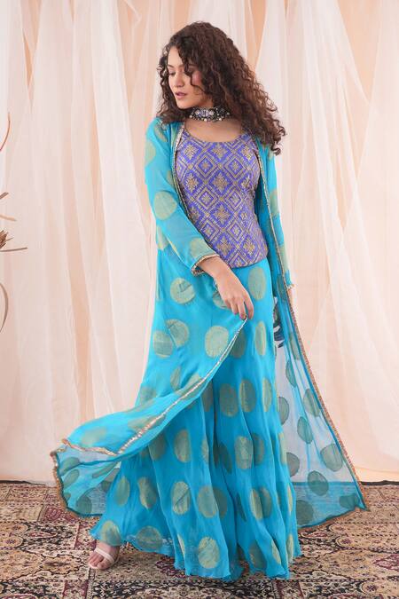 Farha Syed_Blue Brocade, Georgette Embroidery, Cut Work Round Neck Long Shrug Sharara Set _at_Aza_Fashions